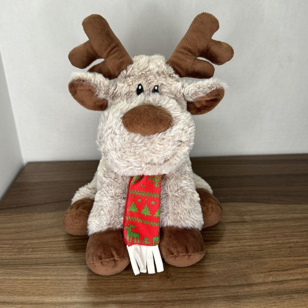 American Greetings 11" Plush Christmas Reindeer Stuffed Animal Knitted Red Scarf